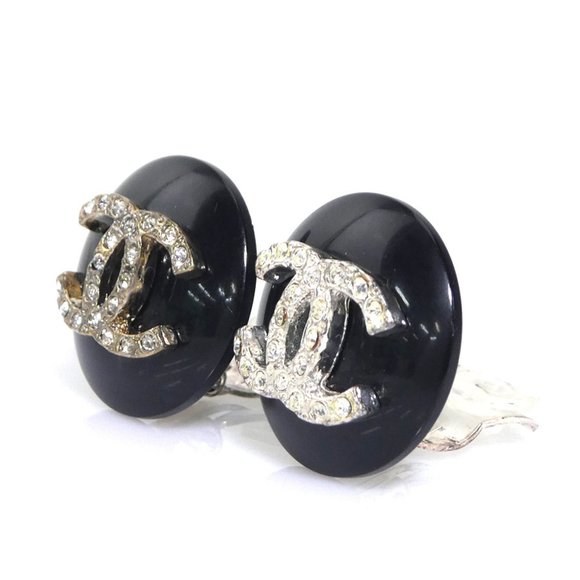 CHANEL Earrings Coco Mark Metal Plastic Silver Black Women's e59729g